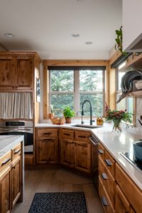 Shot of corner sink with light filled windows with pine trees in the background