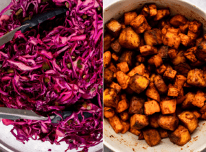 side-by-side photos of red cabbage slaw and baked sweet potato and tofu in a white bowl