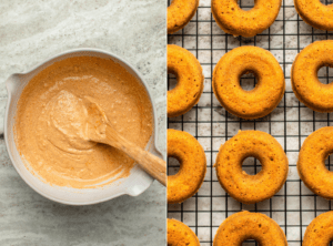 Side-by-side photos of donut batter in mixing bowl next to cooked donuts on cooling rack