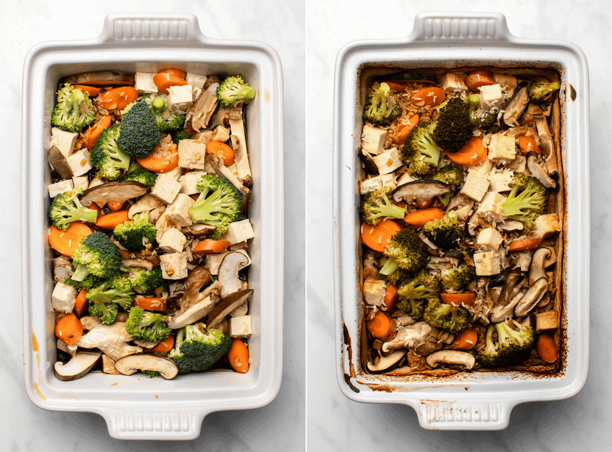 Side-by-side photos of the teriyaki tofu casserole before and after baking