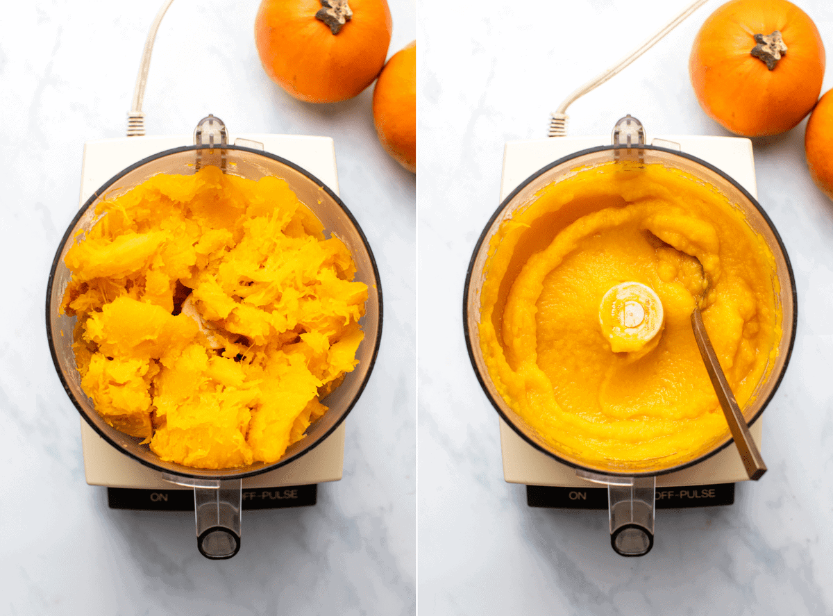side-by-side photos of pumpkin in food processor; the left before blending, and the right after blending