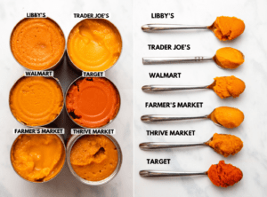 side-by-side photos of open cans of pumpkin puree next to line up of pumpkin puree on spoons