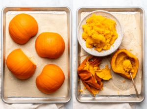 Side-by-side photos of uncooked pumpkins on baking tray next to roasted pumpkins being scooped into a bowl