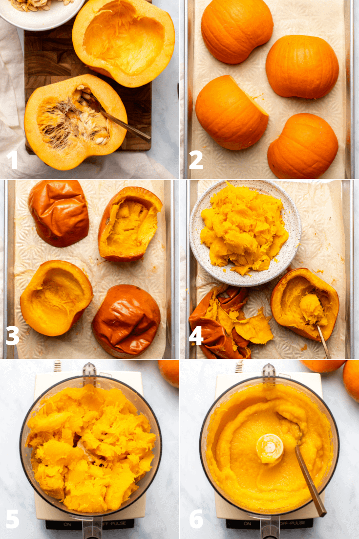 side-by-side photo collage sharing the process of making pumpkin puree