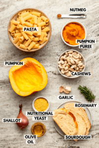 Ingredients for baked pumpkin mac and cheese in small white bowls on marble background. Clockwise text labels read nutmeg, pumpkin puree, cashews, garlic, rosemary, sourdough, olive oil, shallot, nutritional yeast, pumpkin, and pasta