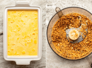 Side-by-side photos of pumpkin mac and cheese in casserole dish before baking, next to a photo of sourdough rosemary breadcrumbs in a food processor