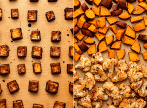side-by-side photos of baked tofu and baked sweet potato and cauliflower on a baking tray