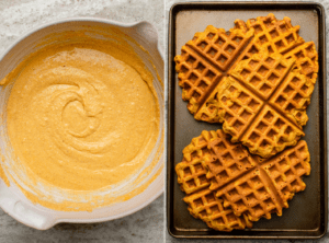 side-by-side photos of bowl of pumpkin waffle batter, next to cooked waffles on a baking sheet