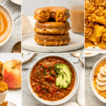 Collage of photos of pumpkin soup, pumpkin chai donuts, pumpkin mac & cheese, pumpkin apple muffins, pumpkin chili, pumpkin overnight oats