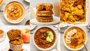 Collage of photos of pumpkin soup, pumpkin chai donuts, pumpkin mac & cheese, pumpkin apple muffins, pumpkin chili, pumpkin overnight oats