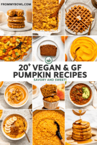 collage of pumpkin recipes including donuts, pacakes, mac and cheese, waffles, risotto, soup, oatmeal, chili, and muffins