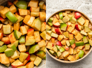 Side-by-side photos of marinating spices apples next to a photo of apple cake in cake pan before baking