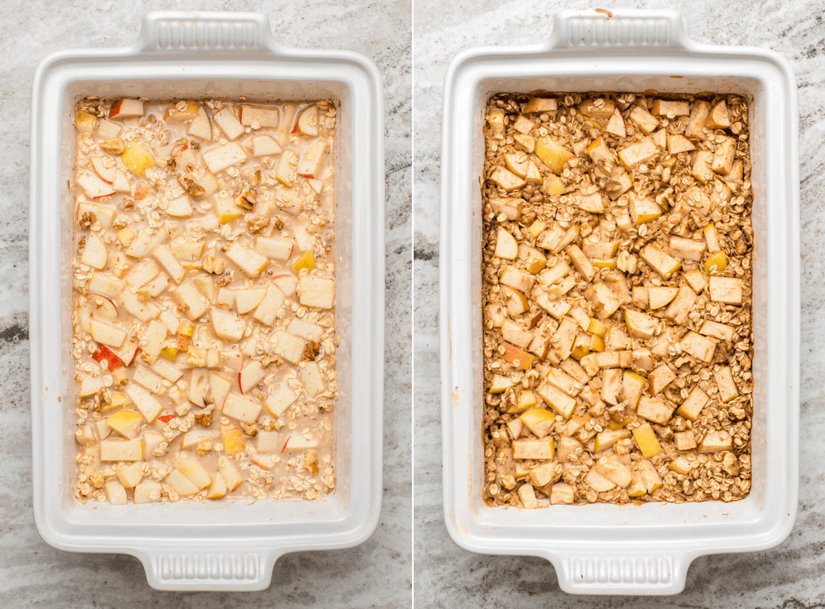 Side-by-side photos of vegan apple cinnamon baked oatmeal in baking dish before and after baking