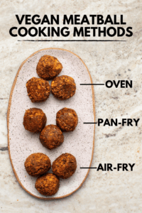 3 sets of 3 cooked meatballs prepared in the oven, pan-fried, or air-fried. The meatballs sit on a small speckled white plate