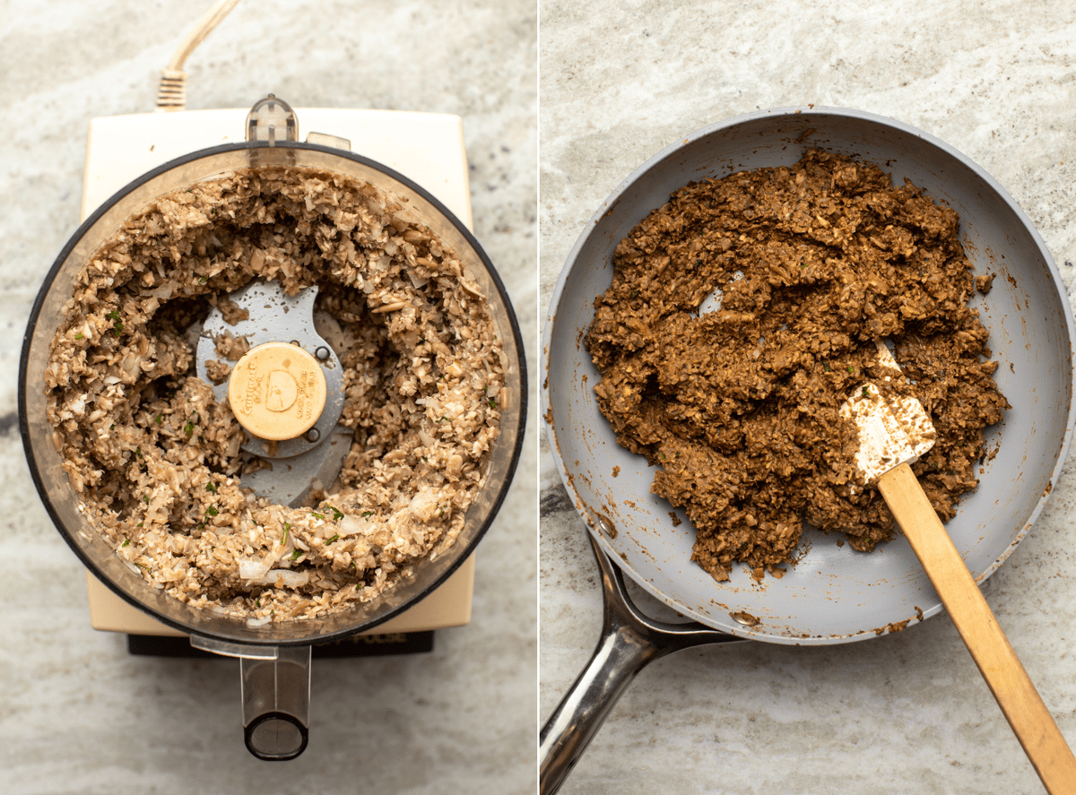 side-by-side photos of processed mushroom mixture in food processor next to a photo of it cooked down in a pan