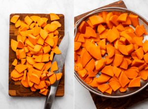 side-by-side photos of sliced sweet potatoes on a cutting board next to steamed sweet potatoes in a steamer basket