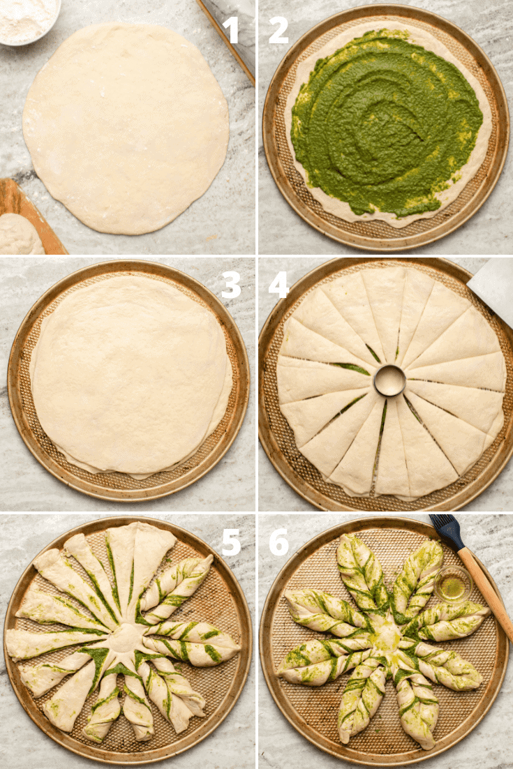 numbered steps for pesto star bread with photos showing the process of layering, slicing, and twisting the dough