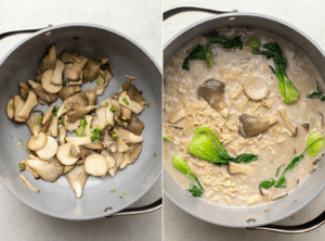 side-by-side photos of mushrooms with green onion and garlic in pot, next to photo of finished ramen noodles and broth in same pot