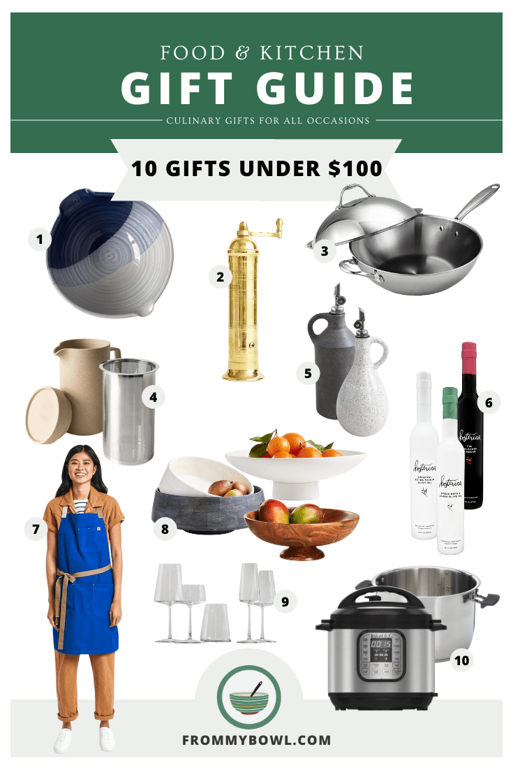 Collage of gift ideas under $100 including pans, centerpiece bowls, kitchen aprons, and an instant pot