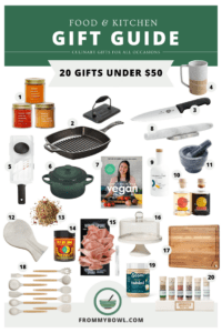 Collage of various gift ideas including spices, pans, cooking utentils, and cutting boards.