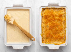 Side-by-side photos of the casserole dish with pasta and cheese sauce before baking, next to the cooked casserole topped with golden breadcrumbs