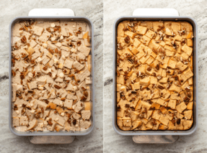 Side-by-side photos of overnight french toast casserole in a baking dish, before and after baking