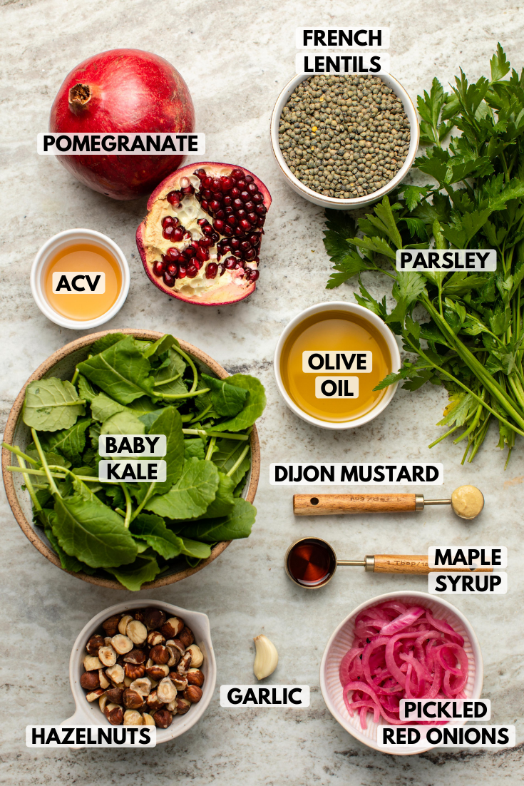 Ingredients for pomegranate salad on stone countertop. Clockwise text labels read french lentils, parsley, olive oil, Dijon mustard, maple syrup, pickled red onions, garlic, hazelnuts, baby kale, apple cider vinegar, and pomegranate