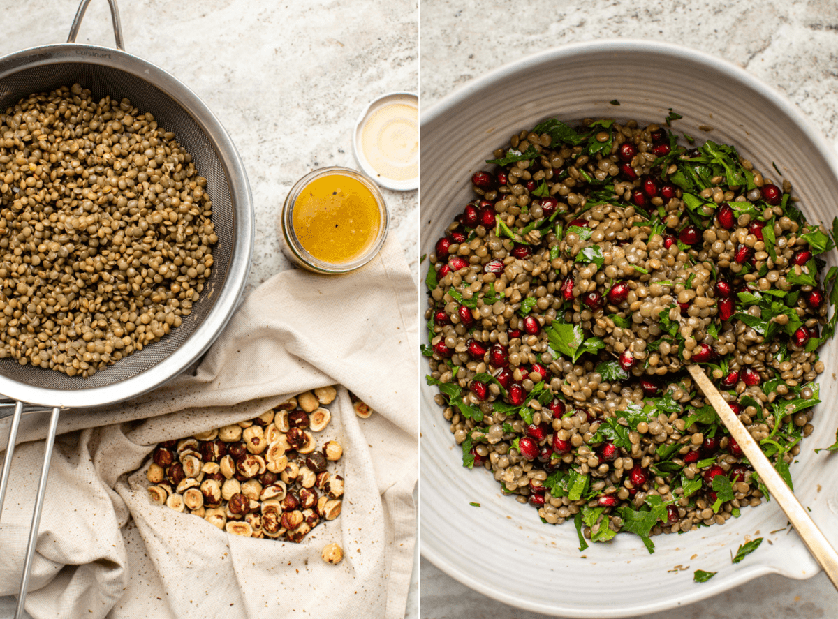 Side-by-side photos of cooked lentils, toasted hazelnuts, and dressing next to photo of lentils mixed with pomegranate and parsley in mixing bowl