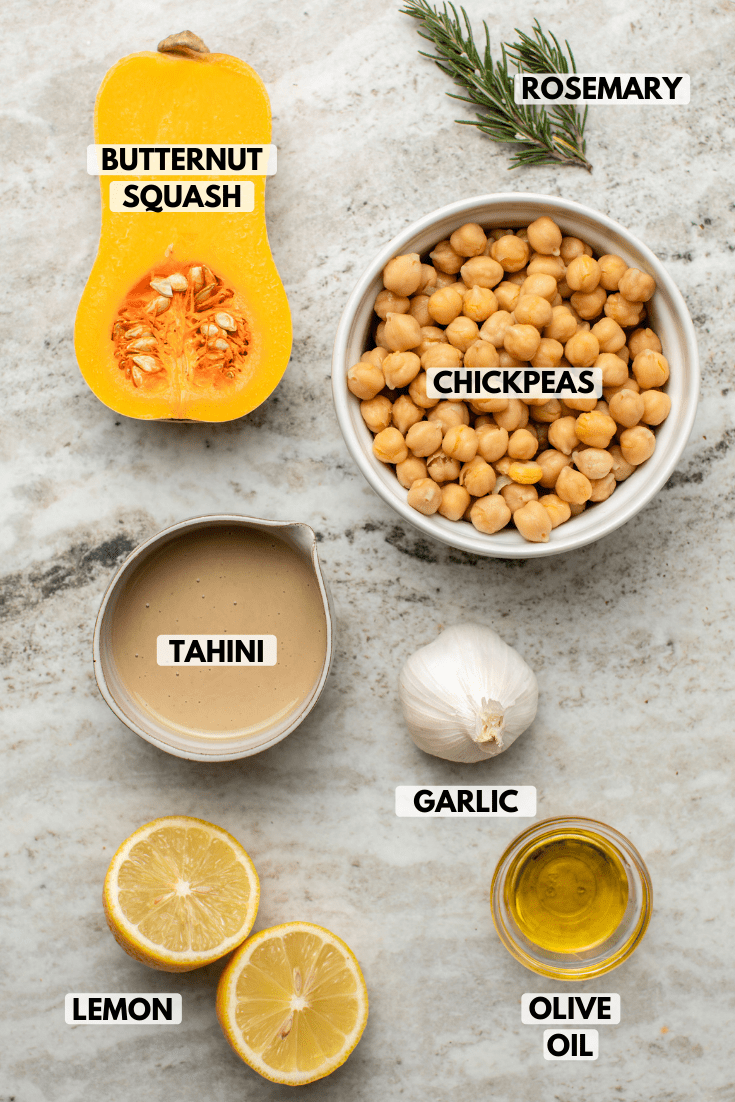 Ingredients for hummus on stone countertop. Clockwise text labels read rosemary, chickpeas, garlic, olive oil, lemon, tahini, and butternut squash