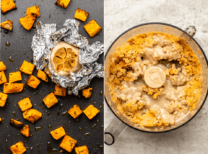 Side-buy-Side photos of roasted garlic and butternut squash on baking sheet, next to roughly blended chickpeas in food processor topped with tahini