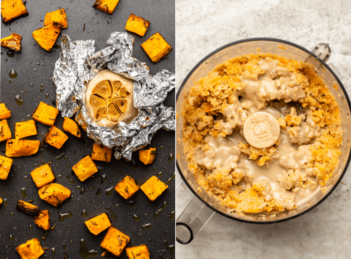 Side-buy-Side photos of roasted garlic and butternut squash on baking sheet, next to roughly blended chickpeas in food processor topped with tahini