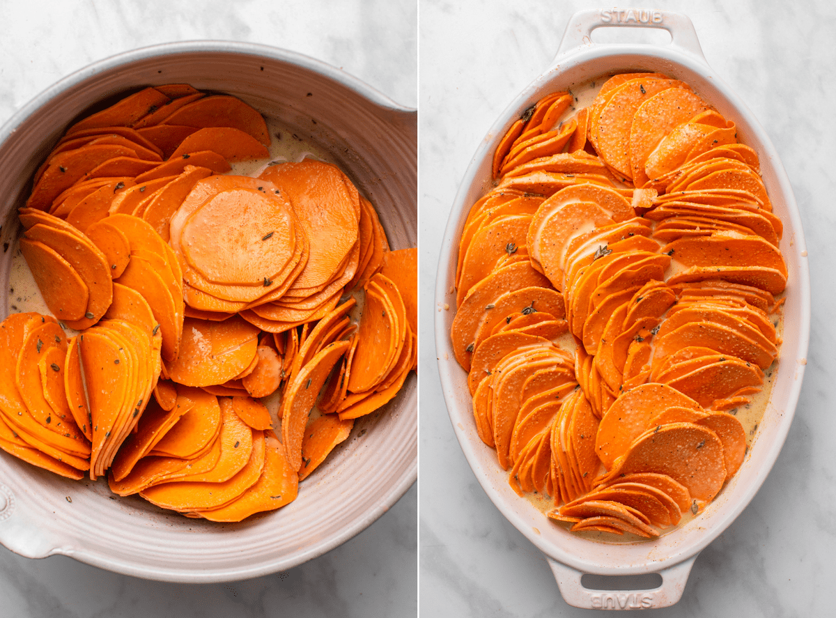 side-by-side photos of marinating sweet potatoes in bowl next to unbaked gratin in baking dish