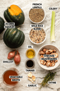 Ingredients for stuffed squash in small bowls arranged on stone countertop. Clockwise text labels read french. lentils, celery, shiitake mushroms, thyme, garlic, tamari, vegetable broth, shallot, oil, acorn squash, and wild rice blend