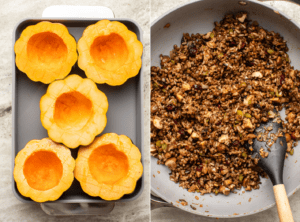 side-by-side photos of acorn squash in baking dish before baking, next to a photo of the cooked lentil and wild rice filling in a pan
