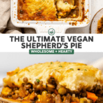 two photos of shepherds pie in baking dish and then pie served on plate