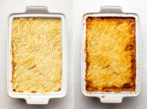 Side-by-side photos of shepherd's pie with potato topping before and after baking