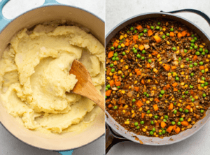 Side-by-side photos of mashed potatoes in dutch oven next to cooked lentil and vegetable filling in large sauté pan