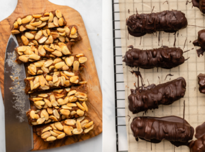 side-by-side photos of snickers bars sliced before coating in chocolate, next to a photo of them on parchment paper after dunking in chocolate