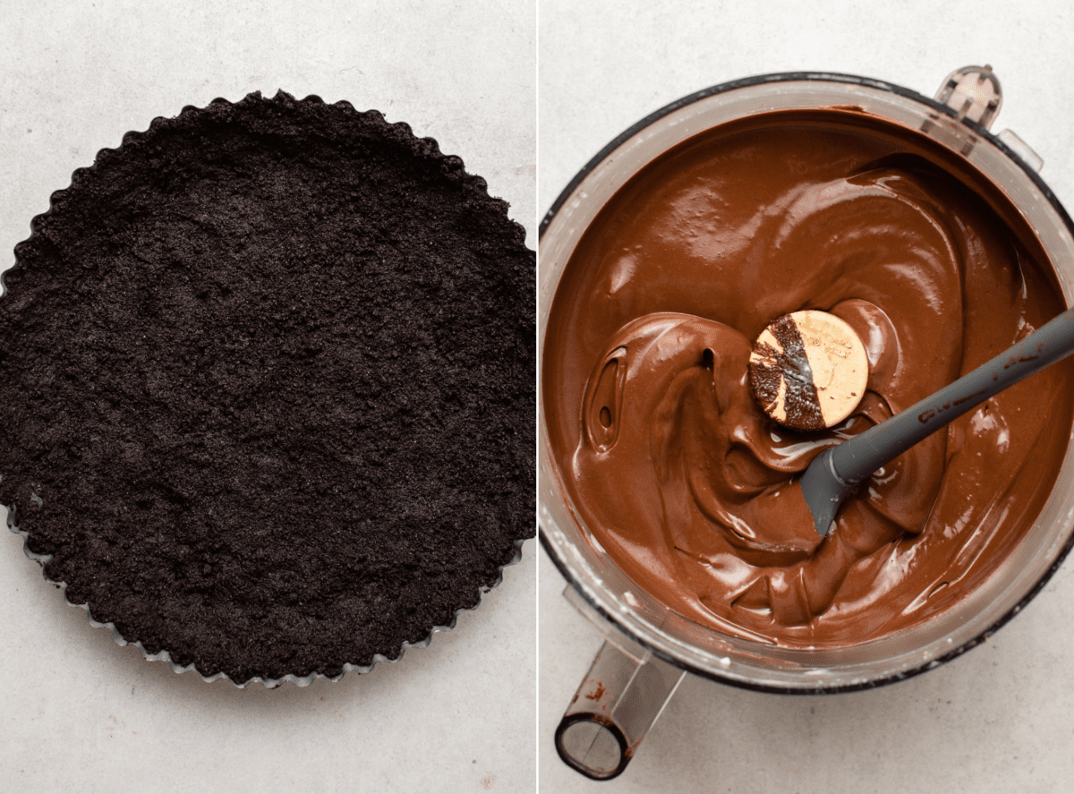 Side-by-side photos of cookie crust pressed into tart pan next to photo of chocolate filling in food processor