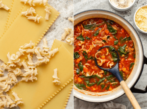 side-by-side photos of uncooked pasta next to pot of cooked lasagna soup