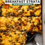 Vegan breakfast strata in casserole dish with sausage and kale