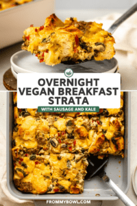 Vegan Strata on spatula over stack of white plates