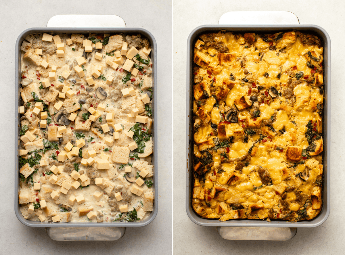 side-by-side photos of vegan strata in casserole dish before and after baking