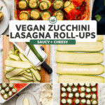 Photo of baked zucchini roll ups over process photos of sliced zucchini, marinated zucchini, rolling up the roll ups, and before baking in a baking dish