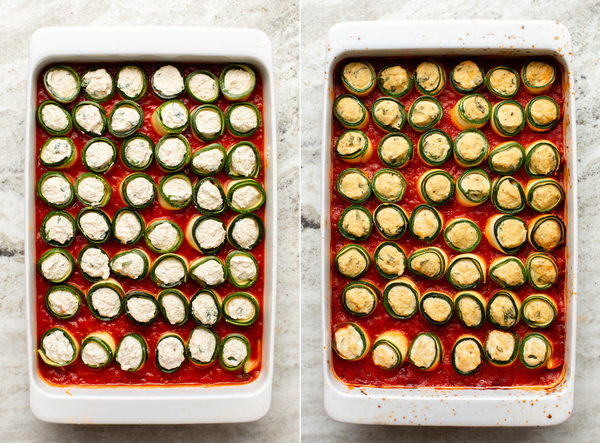 Side-by-side photos of Zucchini Lasagna Roll-Ups in baking dish with marinara sauce before and after baking