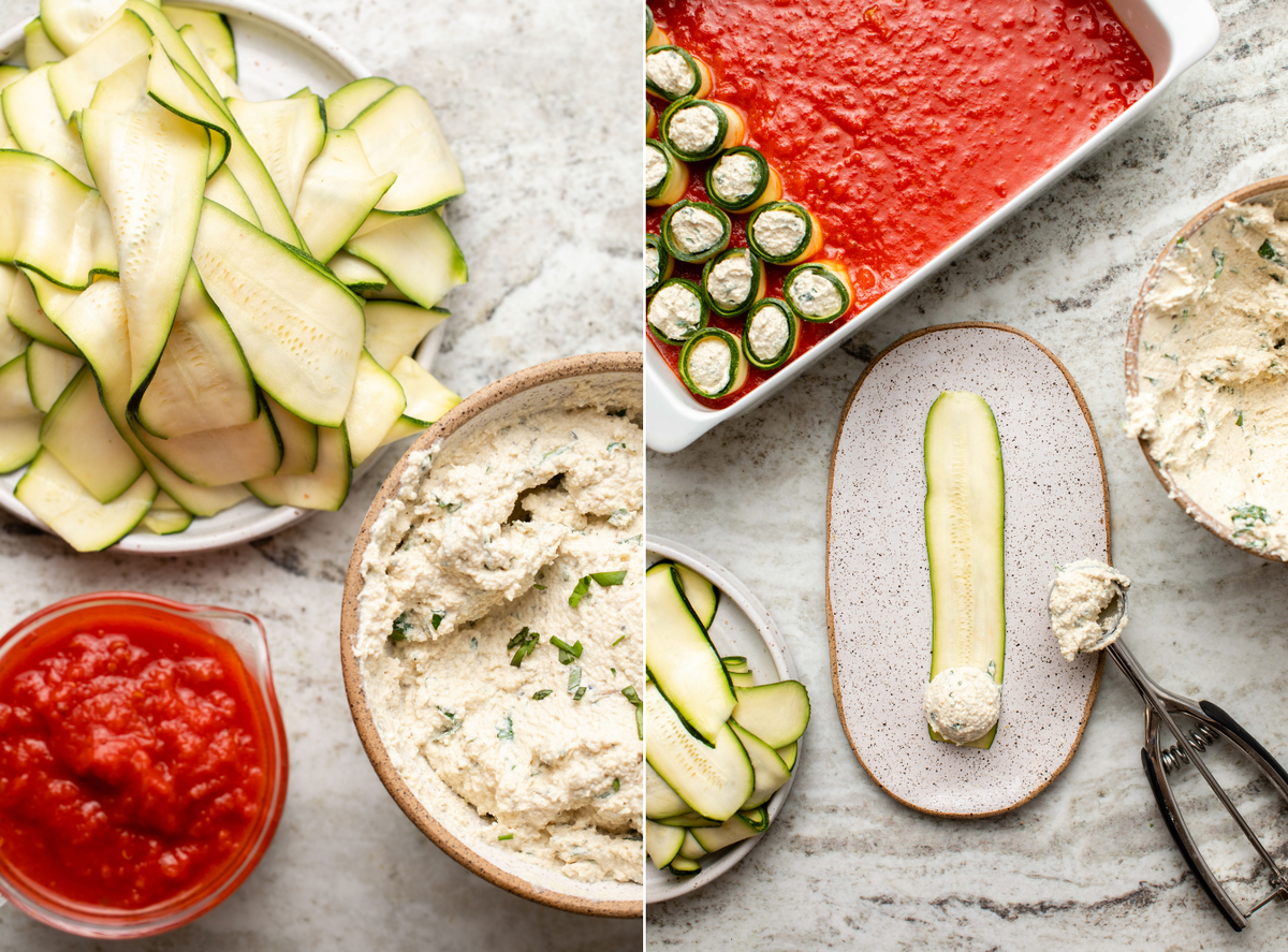 Side-by-side photos of bowls of sauce, zucchini, and ricotta next to a photo of ricotta being placed on strip of zucchini for rolling