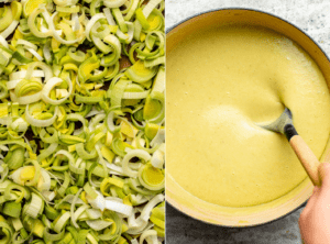 side-by-side photos of chopped leeks on cutting board next to photo of cooked and blended soup in dutch oven