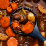 close up photo of ladle spooning vegan stew out of a large pot