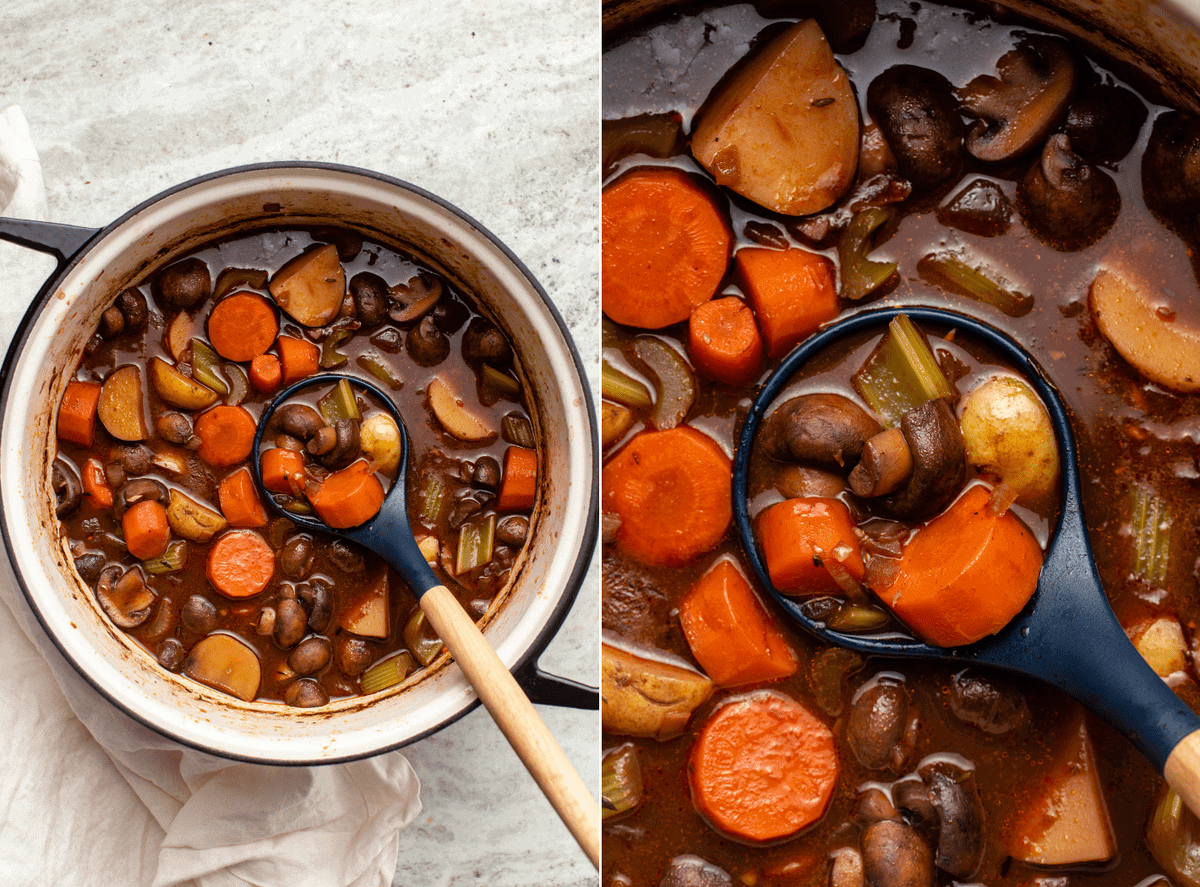 Side-by-side photos of cooked vegan stew in a dutch oven, one far away and the other a close-up of a ladle