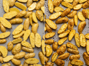 side-by-side photos of potatoes on baking sheet before and after baking